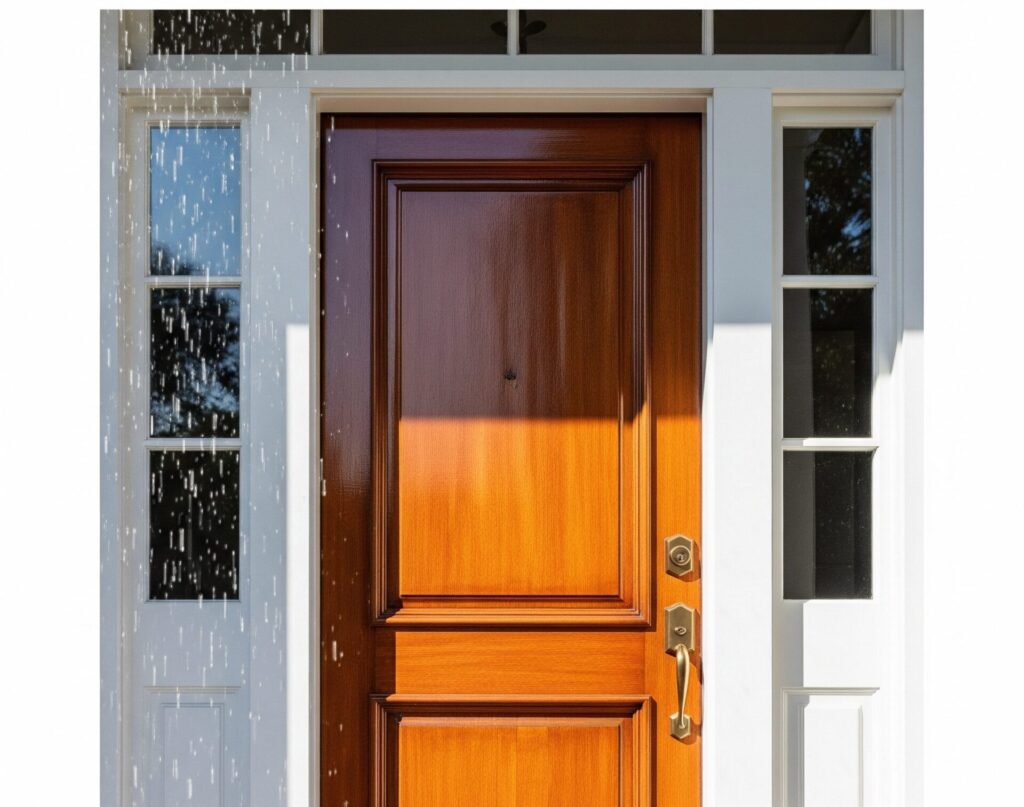 "Refinished wooden front door protected against weather, sunlight, and pests with a durable polished finish"