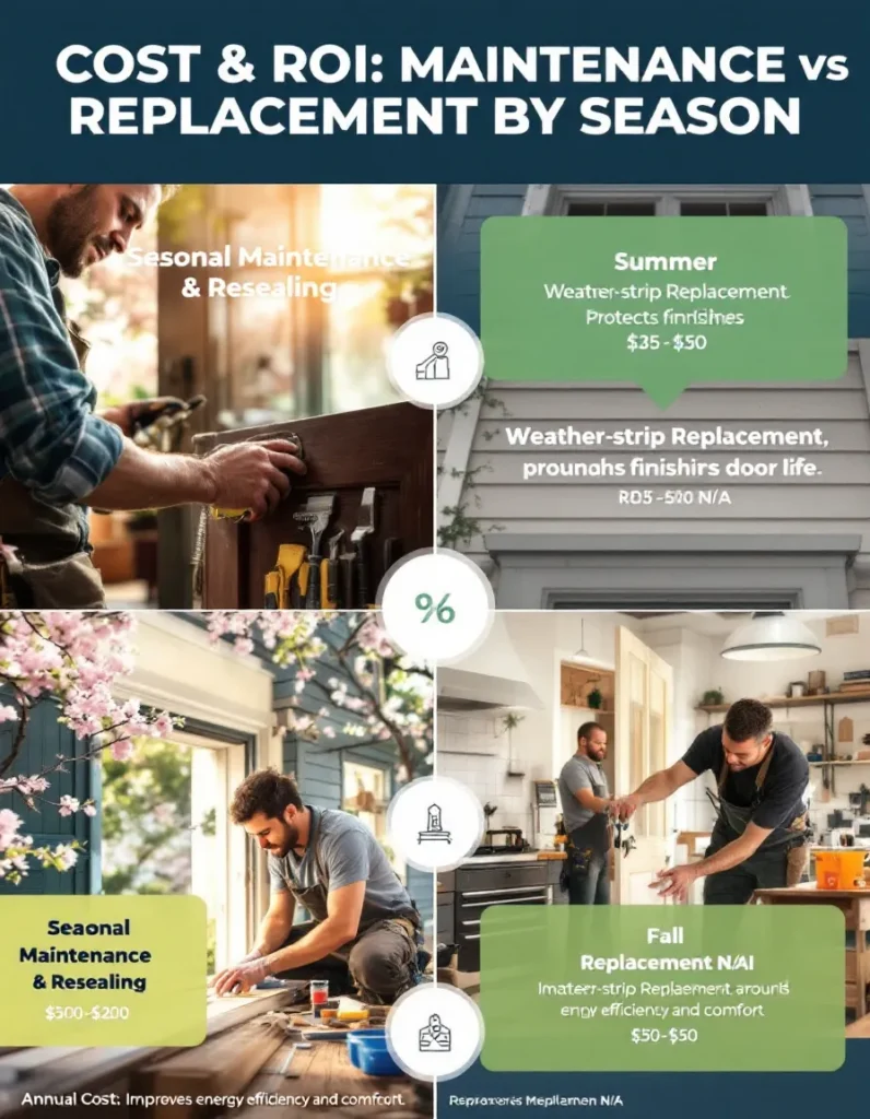 "Seasonal door maintenance vs replacement infographic showing costs and ROI. Includes Spring, Summer, Fall, Winter services and a cost comparison chart with green for savings and red/orange for replacement."