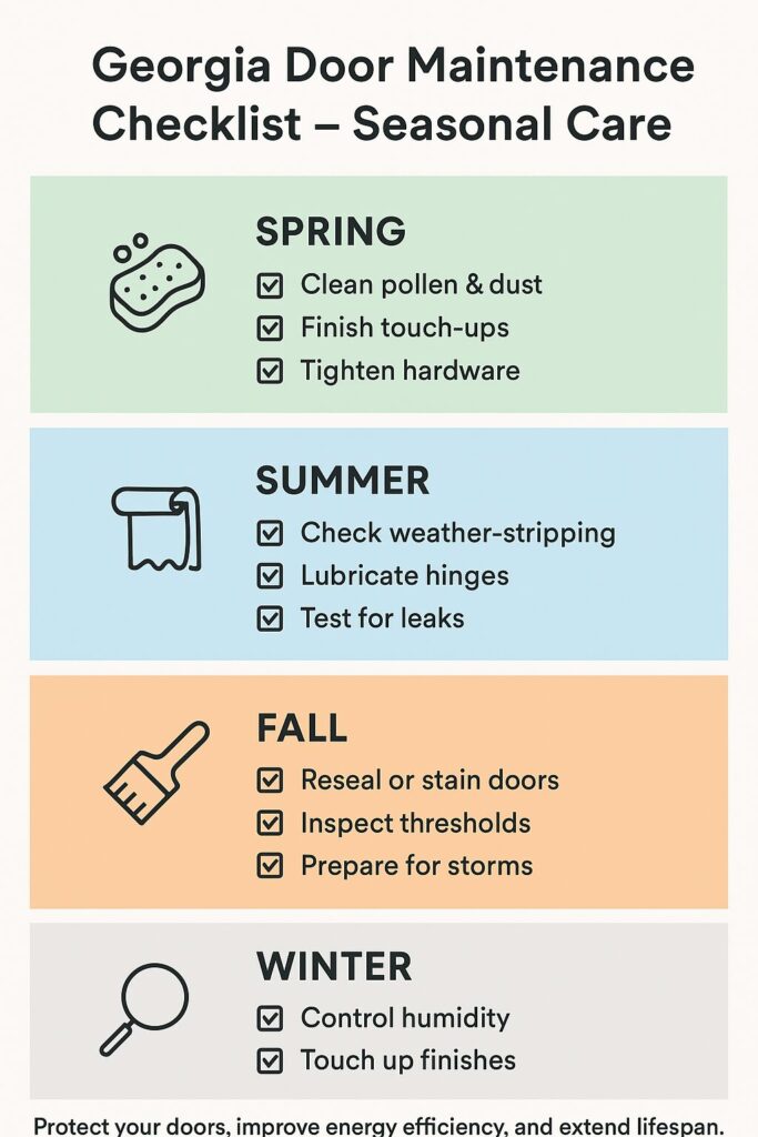 “Seasonal door maintenance checklist for Georgia homes, showing spring, summer, fall, and winter tasks for wooden door care, including cleaning, resealing, hardware checks, and energy efficiency tips”