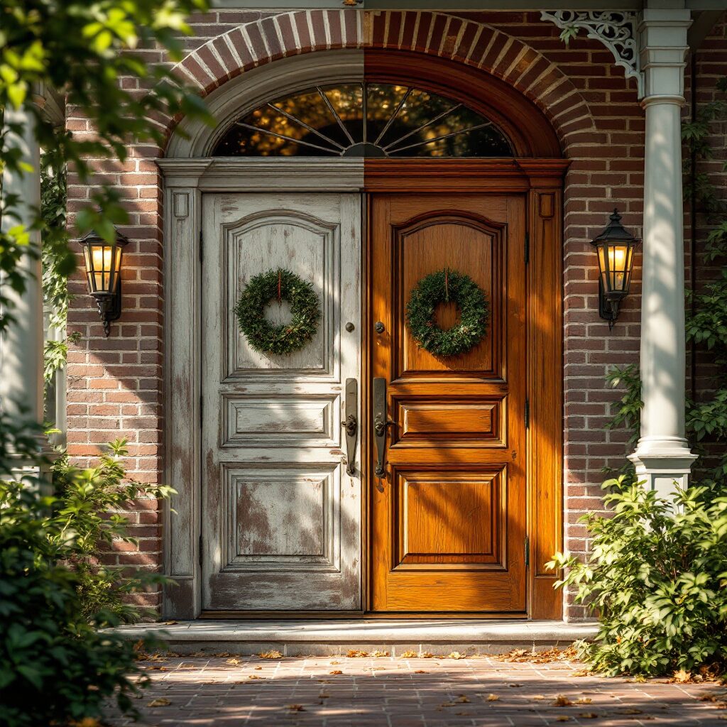 “Before-and-after view of a wooden front door refinished in Atlanta, Georgia, showing restored natural wood and improved curb appeal.”