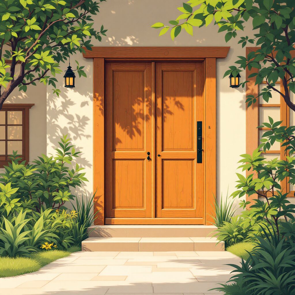 "Eco-friendly refinished wooden front door preserving natural wood, reducing waste, and supporting sustainable living."