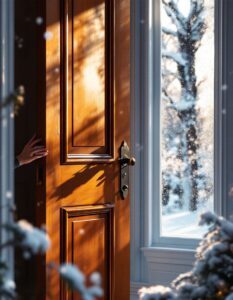 Winter door maintenance in Georgia for professional wood door refinishing: monitoring door swelling, clearing condensation, touching up finishes, and checking locks and latches.
