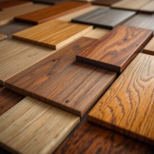 A collage showcasing various wood stain options (light, dark, glossy, matte).
