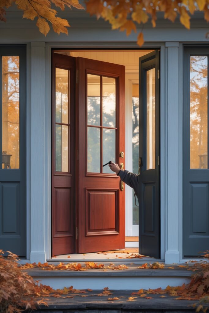 Fall door maintenance in Georgia for professional wood door refinishing: applying paint or stain, inspecting thresholds to prevent rot and water damage, and preparing storm doors.