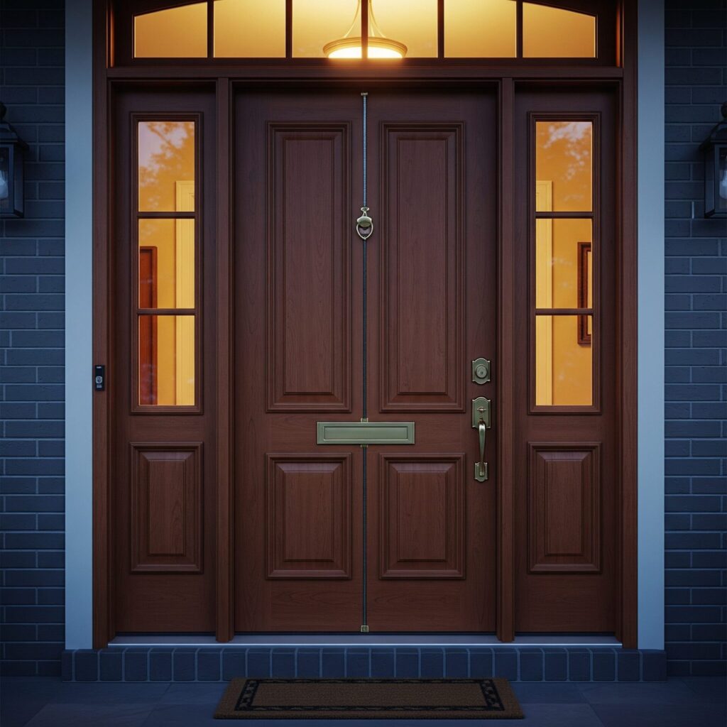 "Refinished vintage wooden front door in Atlanta with tight seal, symbolizing improved energy efficiency and reduced drafts"