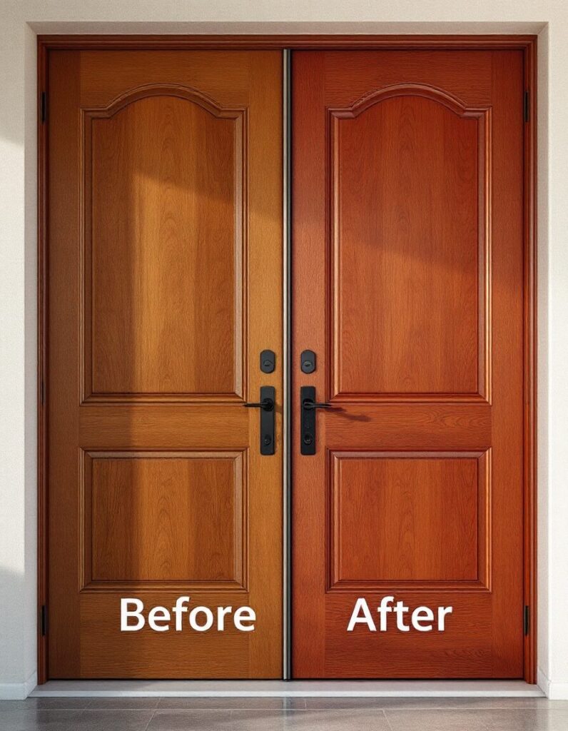 Before and after of a wooden door refinishing in Buckhead or Marietta, Georgia, showing transformation from worn to beautifully restored finish.
