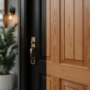 "Customized wooden front door with light and dark stains, glossy and matte finishes, highlighting natural wood grain and matching home architecture."