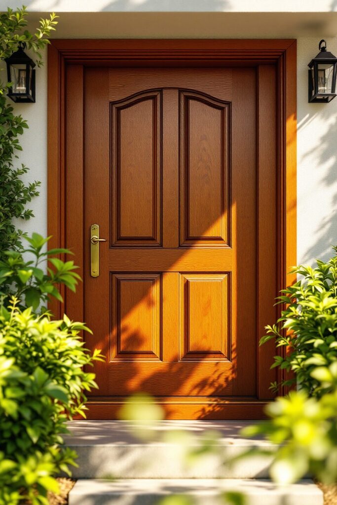 Bright image of a refinished oak door boosting the curb appeal of a home, illuminated by soft, natural sunlight.