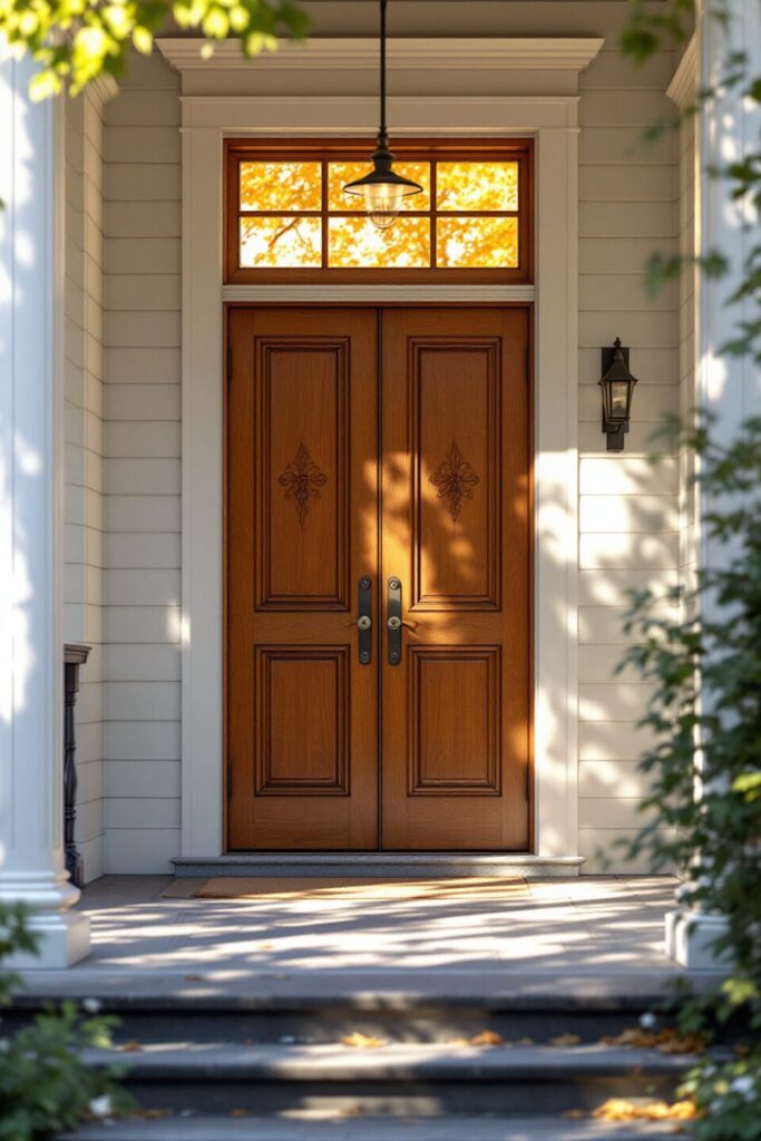 "Refinished oak door at a historic Atlanta home, showcasing rich wood tones and intricate craftsmanship, with sunlight filtering through a porch."