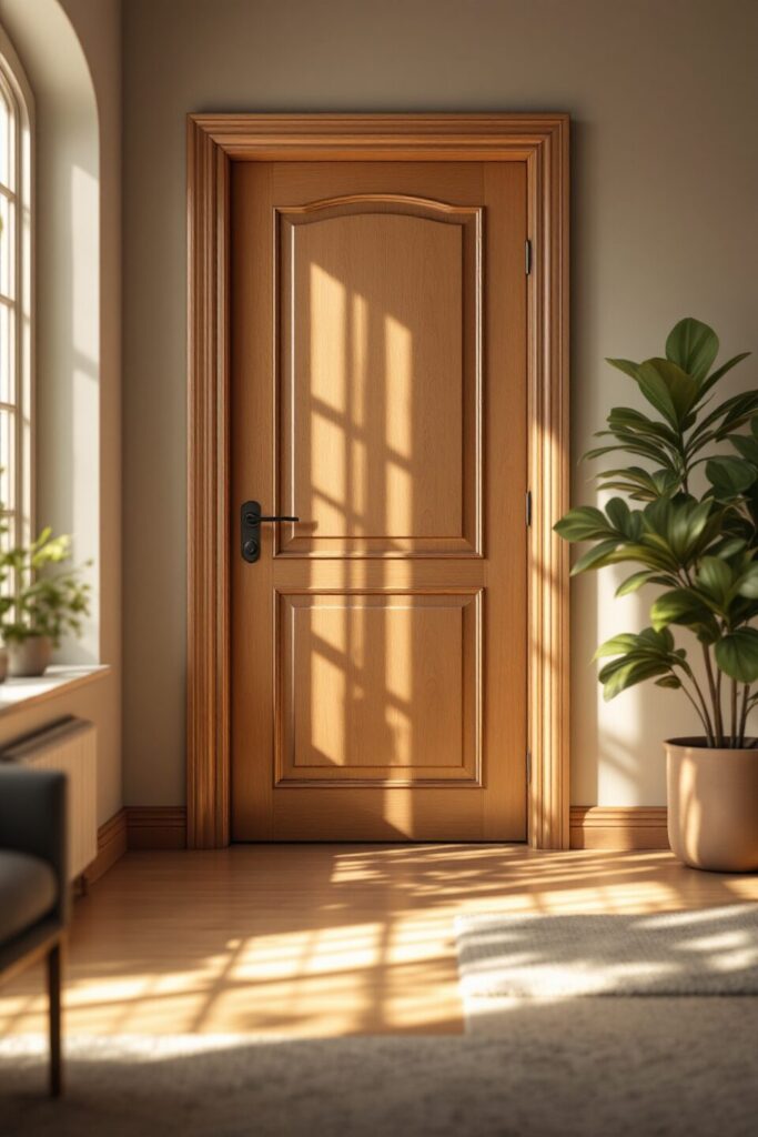 Refinished oak door with weatherproof seals, brightened by sunlight, enhancing energy efficiency in a cozy home.