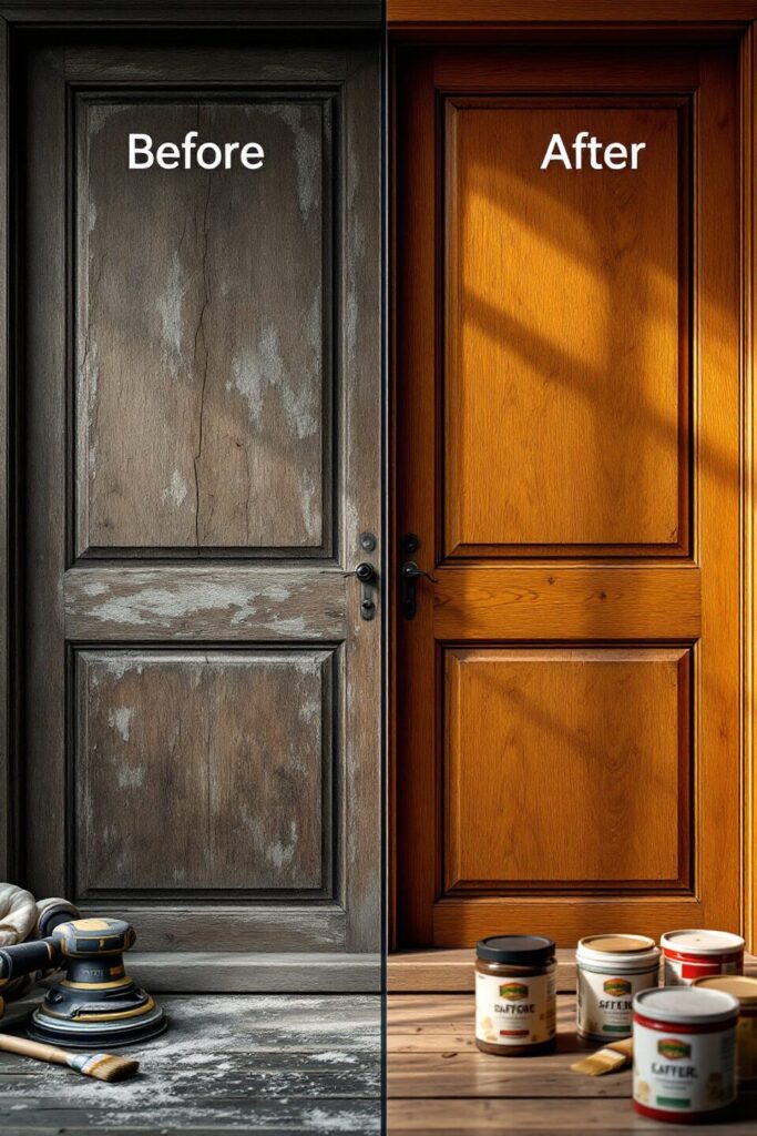 Before and after of an oak door refinishing process, showing the transformation from a damaged to a beautifully restored finish.
