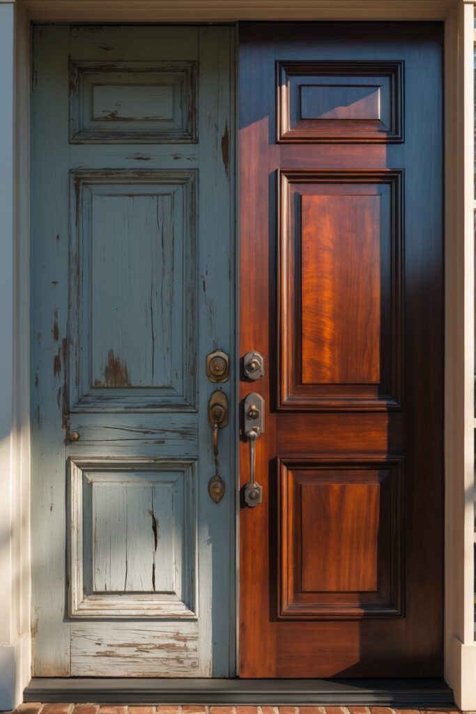 Before and after refinishing a wooden front door in Atlanta – from faded, weathered wood to a rich, glossy restored finish that boosts curb appeal.
