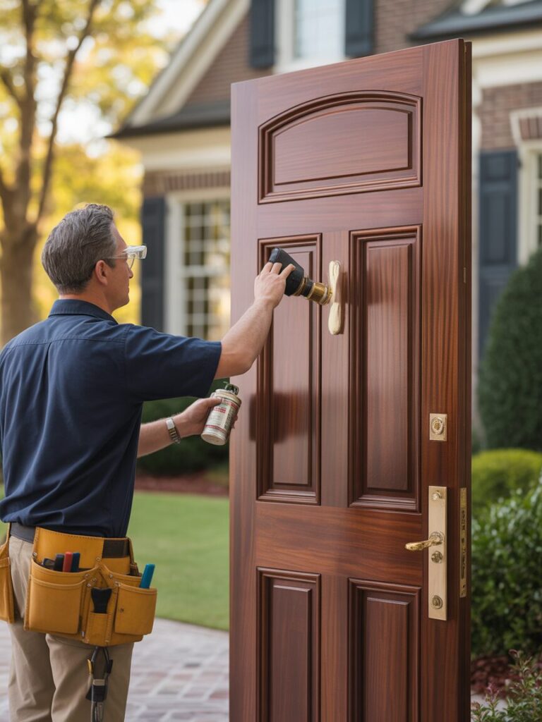 Professional contractor refinishing a mahogany front door in Atlanta using sanding and gel stain tools for a smooth, durable finish.