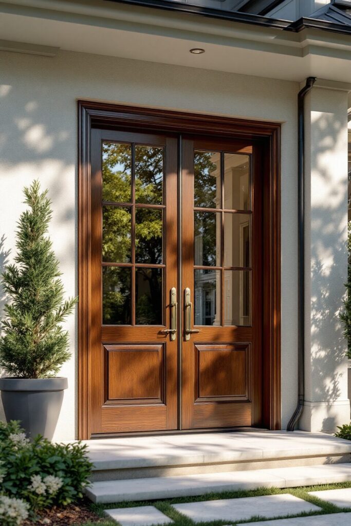 Alt text پیشنهادی: Luxury double French front doors in Buckhead, Atlanta, professionally refinished to restore rich color, protect wood, and boost curb appeal of a high-end home.