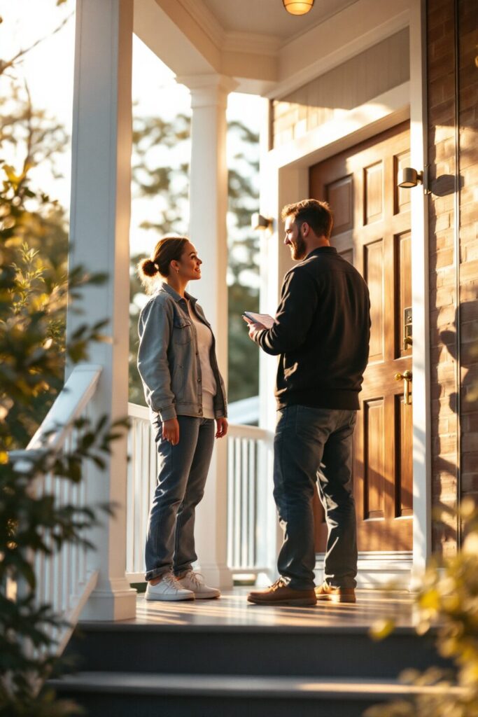 Atlanta homeowner checking a freshly refinished front door with polished hardware, showcasing improved durability, elegant finish, and enhanced curb appeal.
