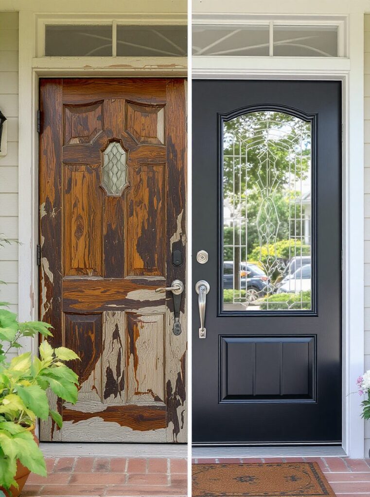 “Comparison of old wooden door vs new modern fiberglass door – refinishing vs replacement in Atlanta homes.” 