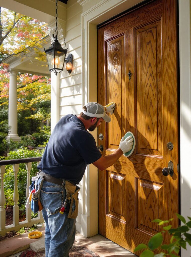 Craftsman refinishing a 90-year-old oak front door on a historic Atlanta home in Inman Park
