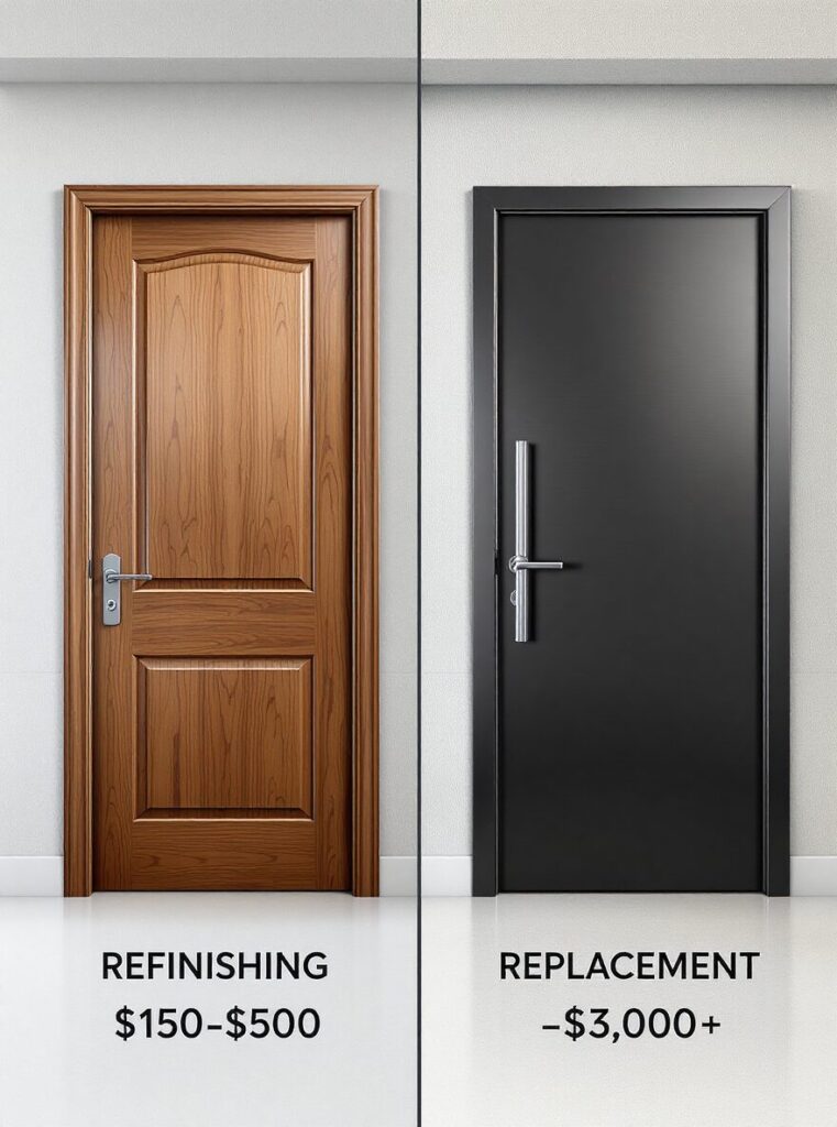 “Before-and-after Atlanta home entrance with a dull old door replaced by a freshly refinished glossy wood door.”
