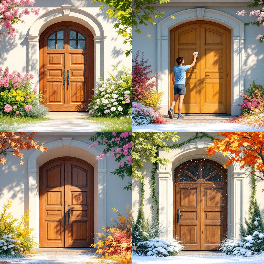 "Four-panel illustration of seasonal door maintenance in Georgia: spring cleaning, summer UV protection, fall resealing, winter hardware check, realistic wooden door textures, soft natural lighting, educational infographic style.