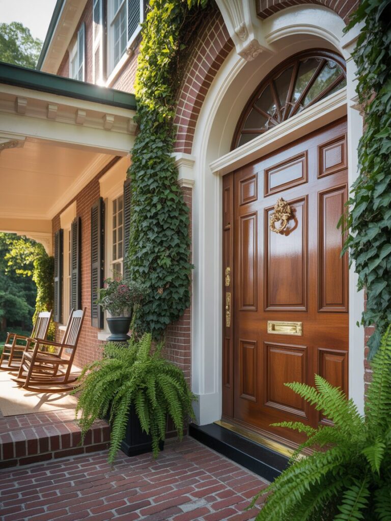 "A historic Southern-style home in Atlanta with a beautifully refinished oak entry door, restored to preserve its authentic charm, showcasing professional door refinishing in historic neighborhoods.