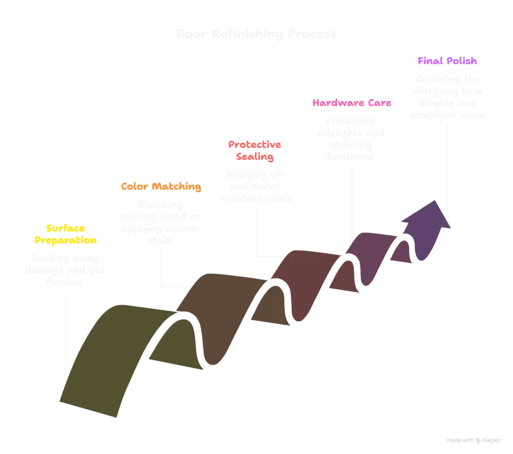 Door Refinishing Process infographic: Surface Preparation, Color Matching, Protective Sealing, Hardware Care, Final Polish