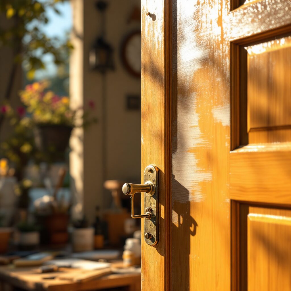 Close-up of wooden door refinishing process, showing sanding, oil-based stain application, UV protective topcoat, professional tools on porch, realistic texture, warm sunlight, cinematic depth-of-field, high-resolution.