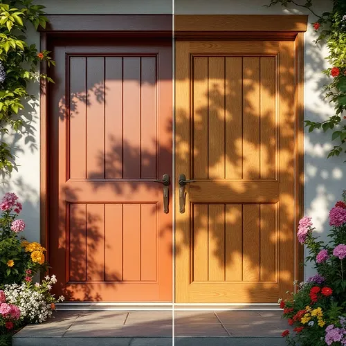 Side-by-side comparison of a wooden exterior door: left side freshly painted in bold color, right side natural wood with stain finish, realistic texture, sunlight casting soft shadows, lush Georgia garden in background, high-resolution, professional photography style.