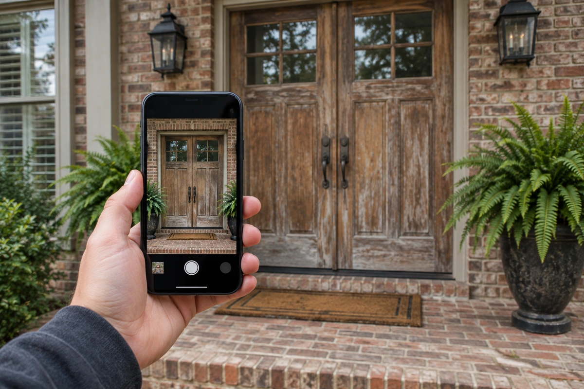 Homeowner photographing a weathered front door to get a free door refinishing quote in Atlanta