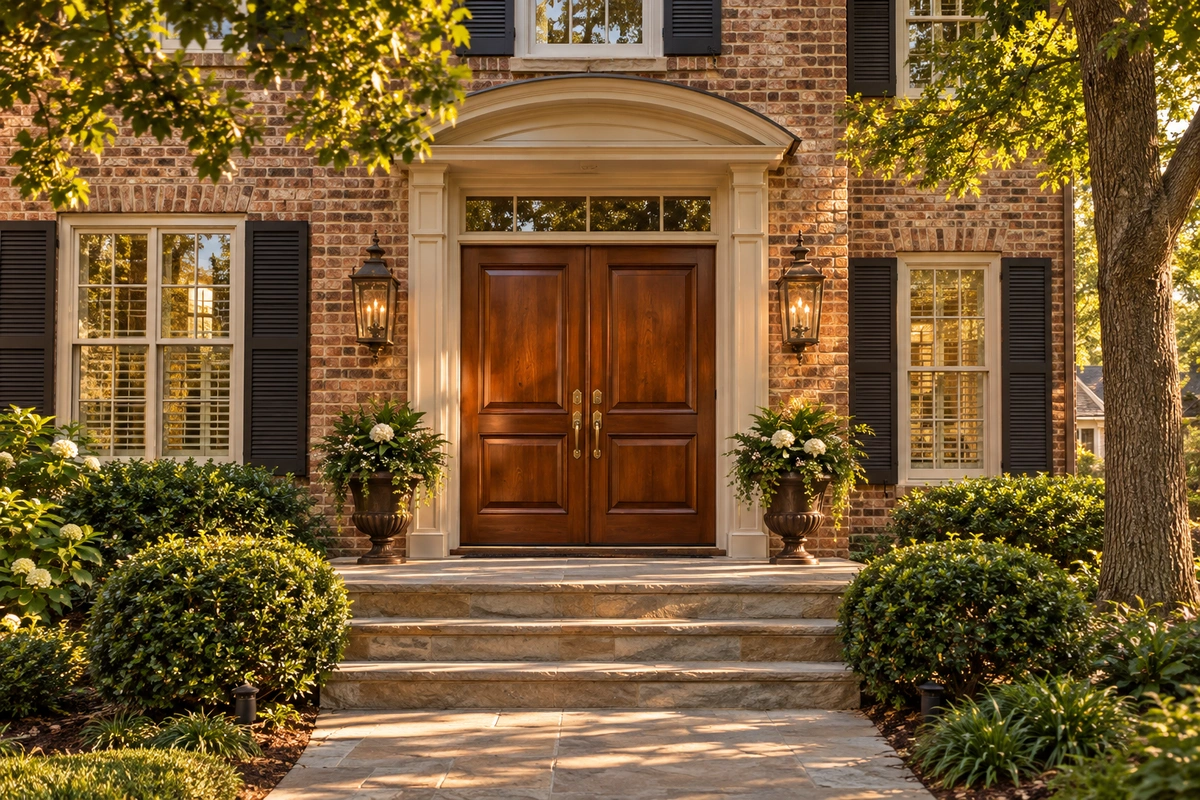 Refinished double front door on an Atlanta home, showing the value of refinishing over replacement cost