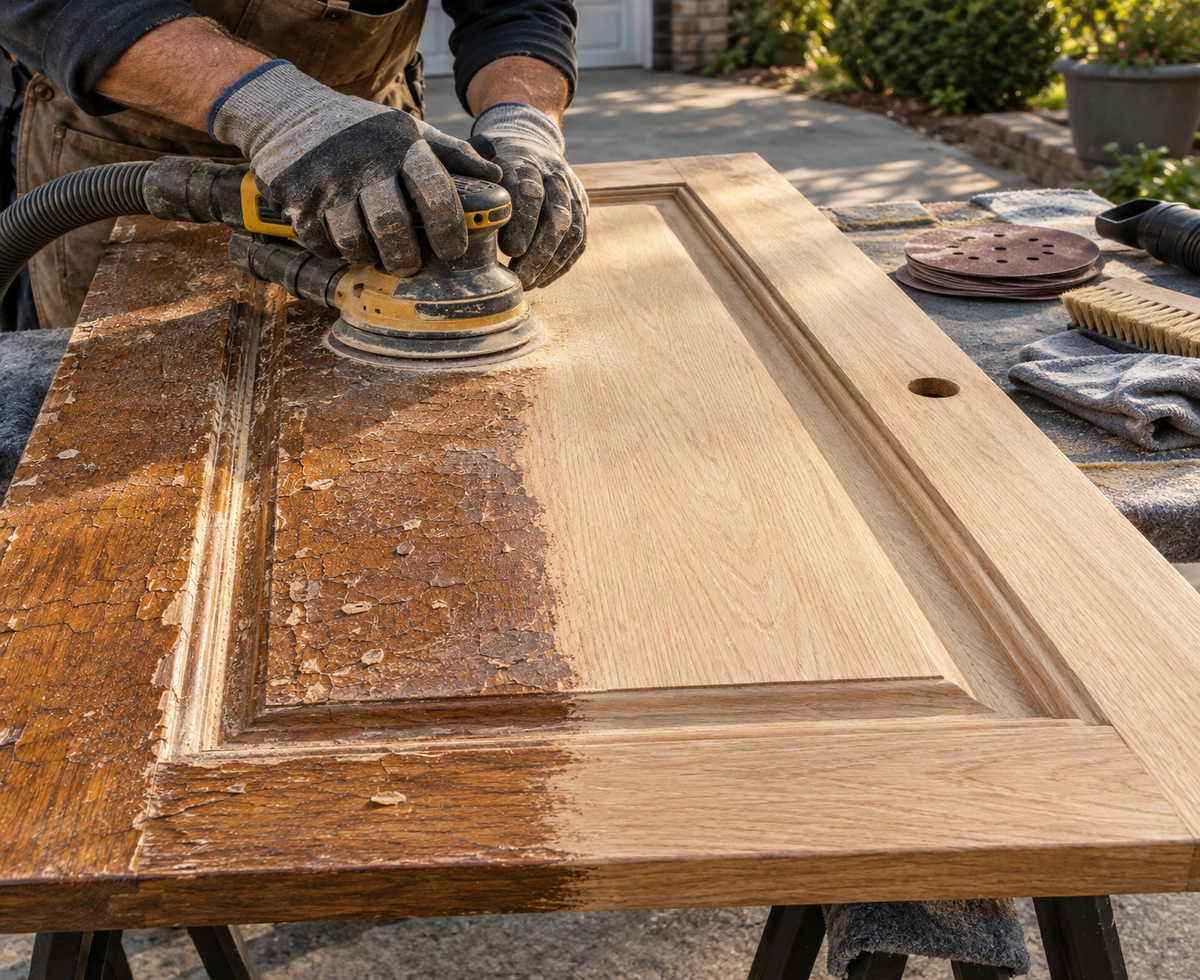Stripping and sanding a wood front door, the labor behind wood door refinishing cost in Atlanta