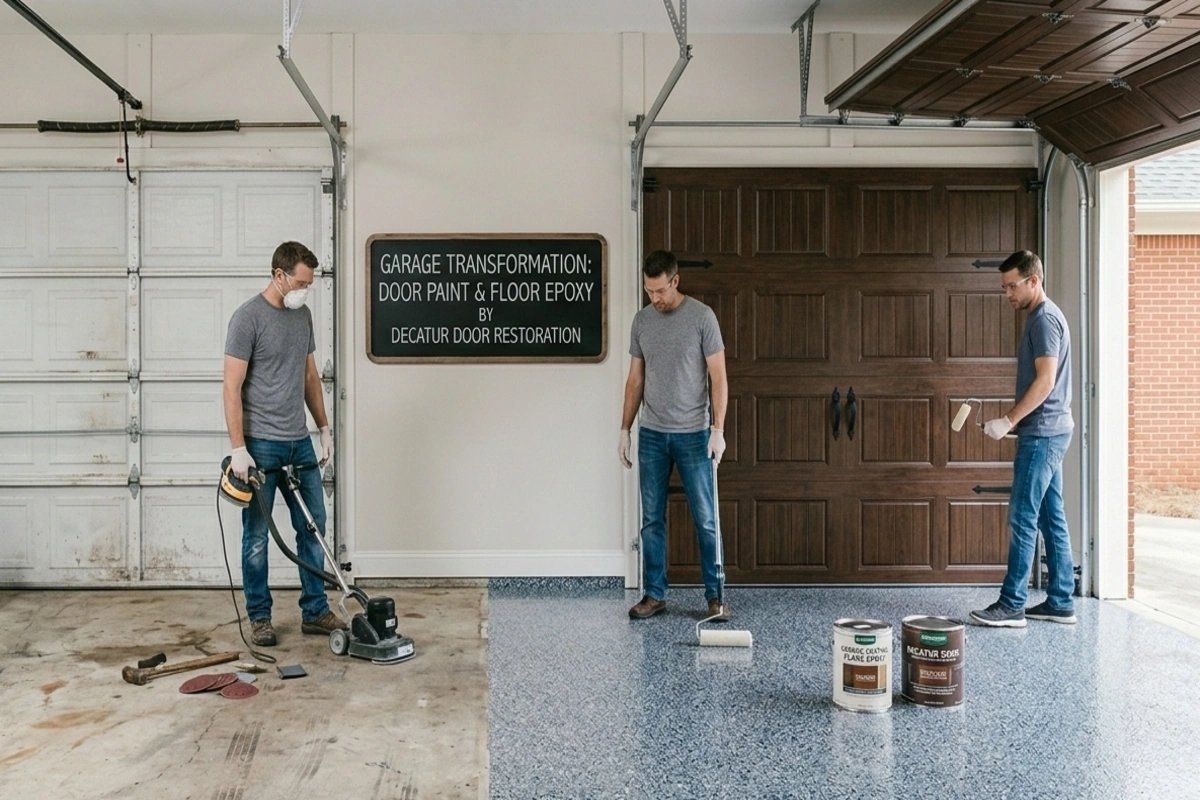 A professional garage transformation project in Decatur, GA, showcasing a dramatic before-and-after. The left side shows a weathered white garage door and cracked concrete floor, while the right side displays the same area with a dark brown wood-mimic door and a premium multi-layer flake garage floor epoxy coating with blue, grey, and white decorative flakes. Shot by Decatur Door Restoration.