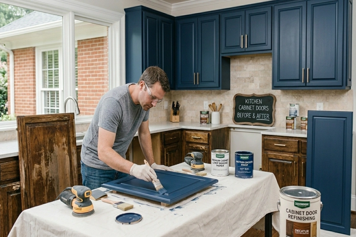 A professional male artisan refinishing kitchen cabinet doors in Decatur, GA. The image showcases a before-and-after transformation, transitioning from dated worn dark wood to a modern navy blue factory-smooth finish using MDF primer and specialized paint. Shot by Decatur Door Restoration.