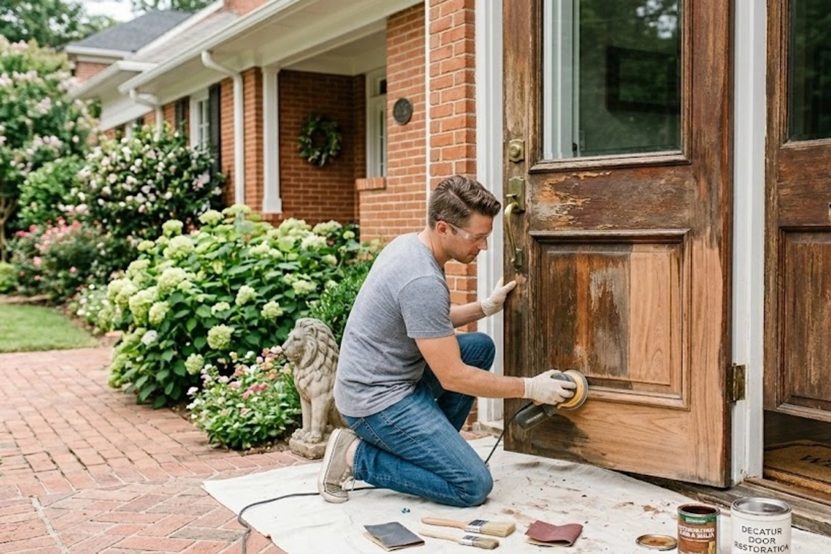 Professional wooden front door refinishing and restoration process in Decatur, GA. An artisan is sanding the weathered wood to apply new stain and sealer.