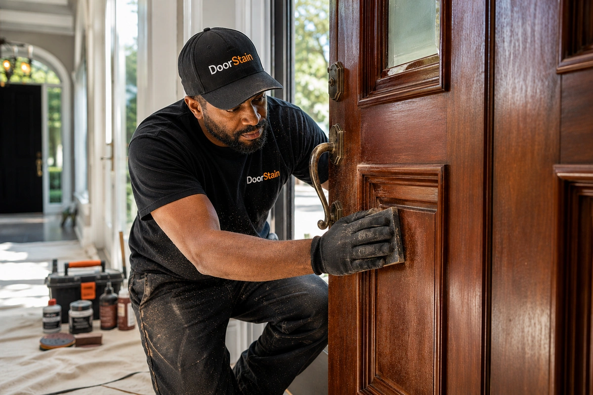 Professional residential door refinishing on a mahogany front door in Atlanta Georgia