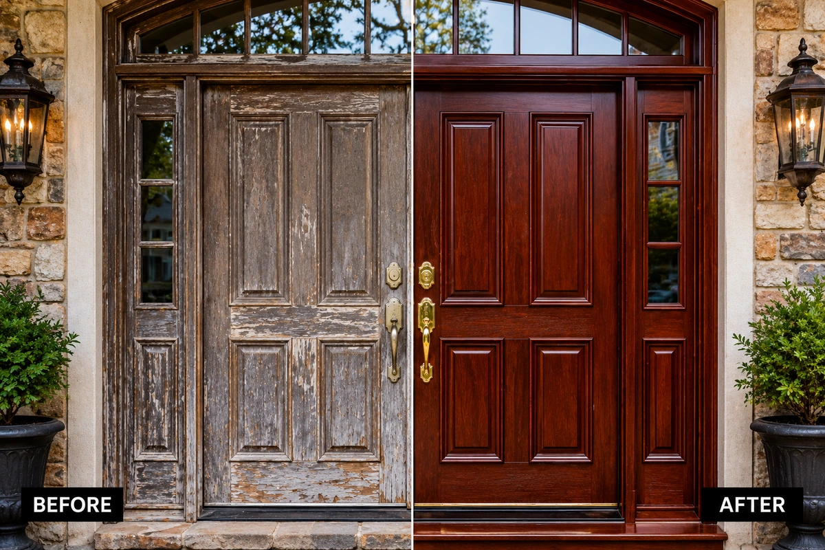 Before and after comparison of residential door refinishing on a double entry door in Alpharetta GA