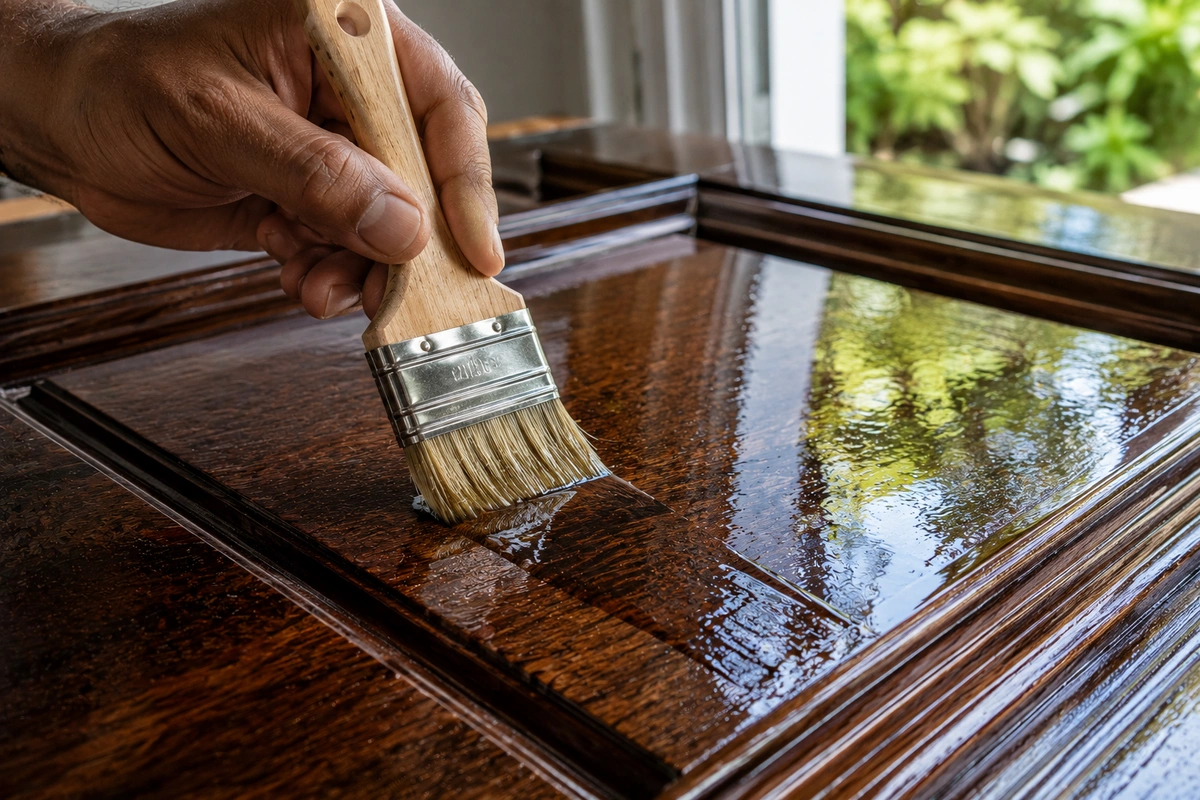 Application of marine spar varnish during residential door refinishing in Georgia