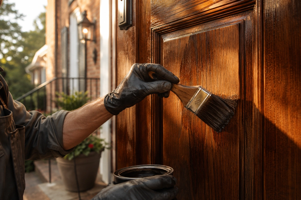 Custom wood refinishing Atlanta craftsman staining a solid wood entry door
