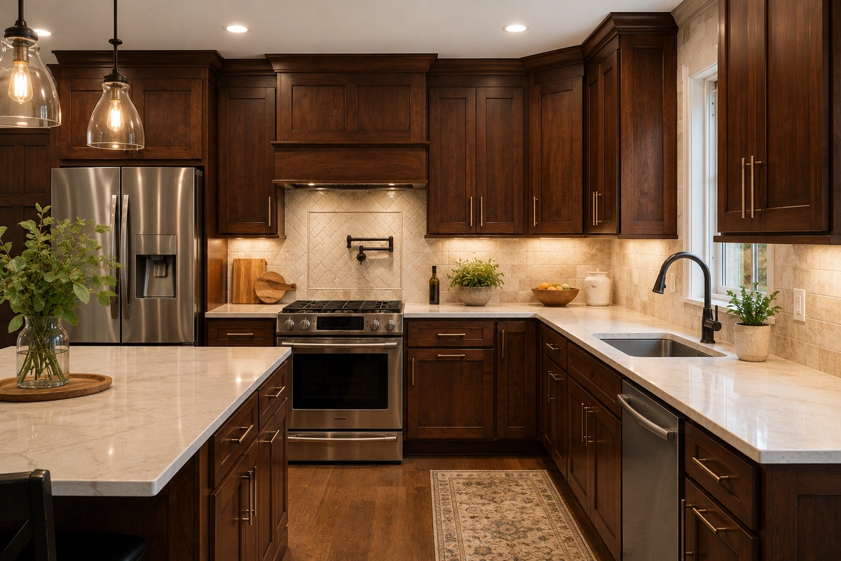 Custom wood refinishing Atlanta kitchen cabinets with matched stain finish