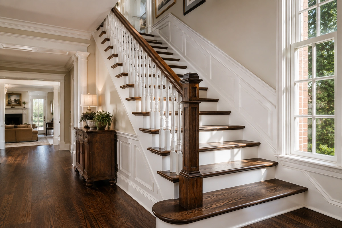 Custom wood staircase and railing refinishing in an Atlanta home