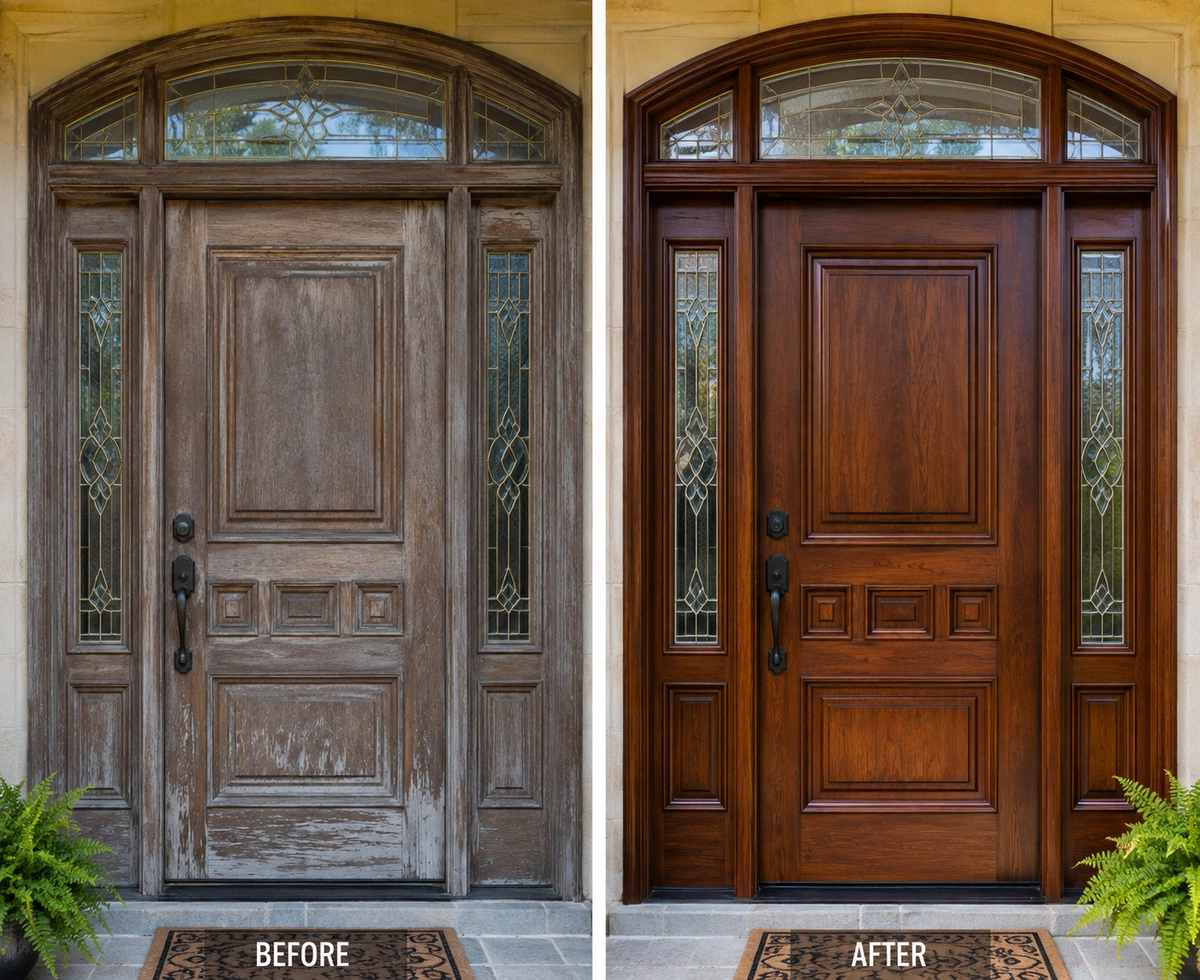 Before and after comparison of severe sun damage repaired by our door refinishing Douglasville team.