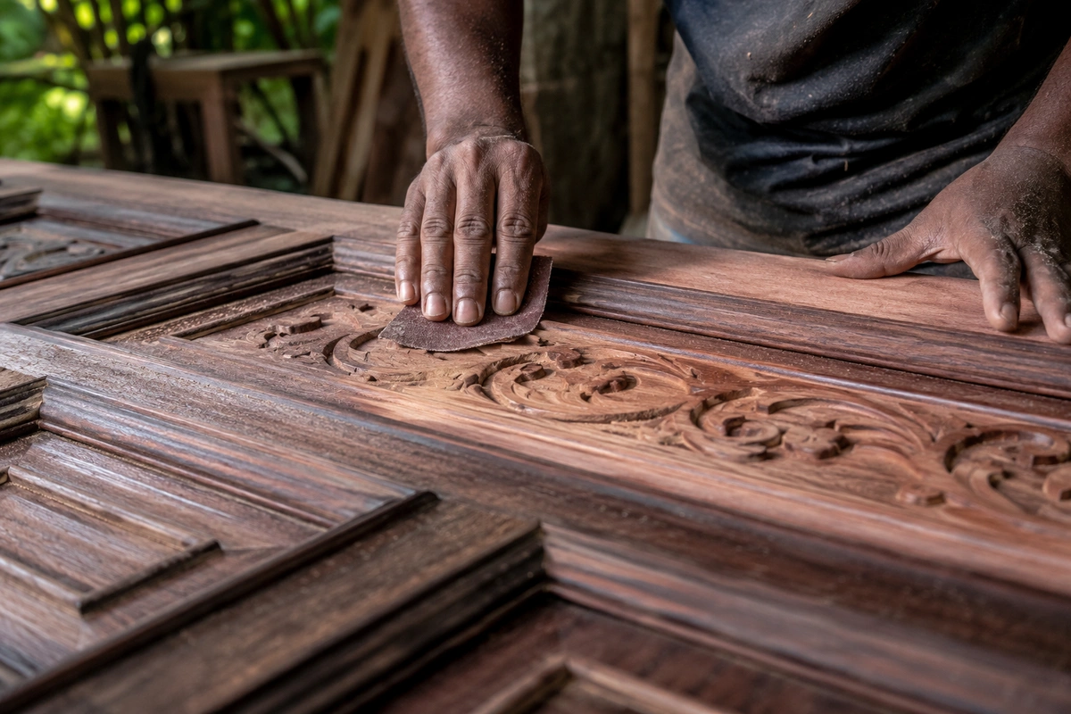 Craftsman sanding a mahogany front door during the door refinishing Douglasville process.