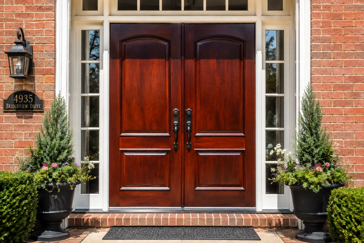 Freshly refinished double front door with rich mahogany stain in Dunwoody, GA