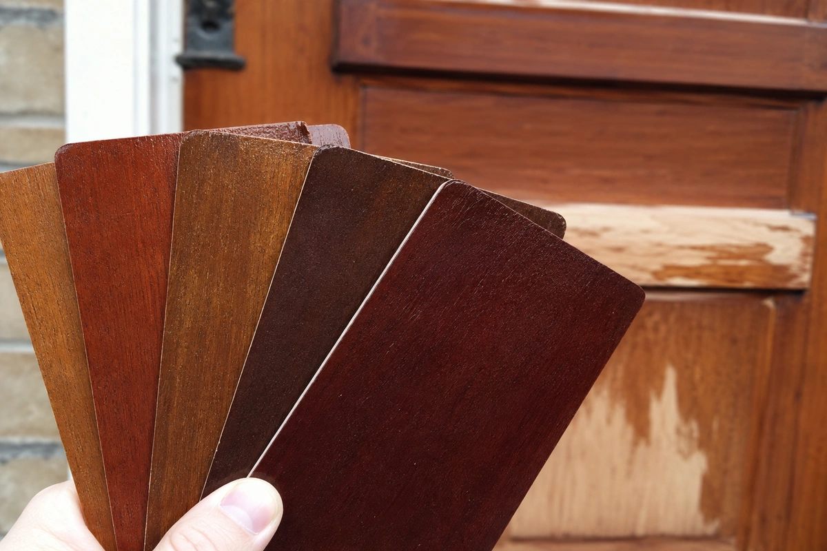 Wood stain color-matching samples for HOA-approved door refinishing in Dunwoody, GA
