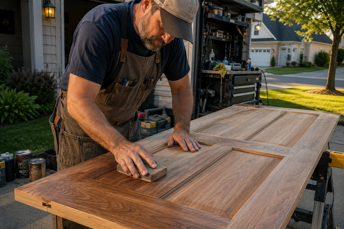 On-site door refinishing process showing hand-sanding a wood door in Dunwoody, GA