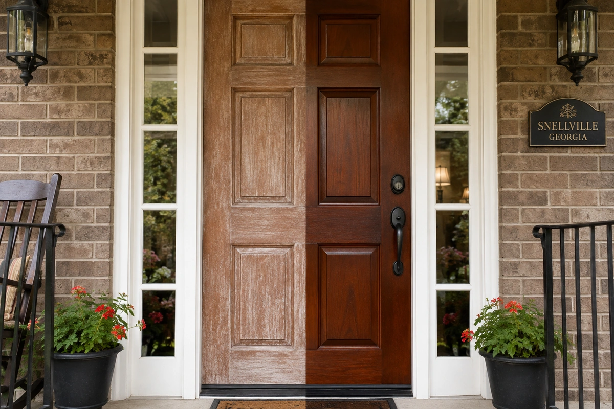 Before and after door refinishing in Snellville, GA