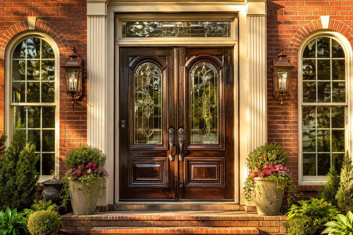 A flawlessly restored double oak entryway featuring expert wood door restoration in Douglasville.