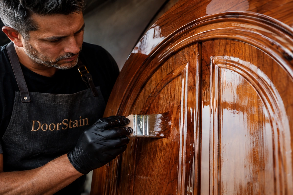 Applying a UV-resistant marine-grade clear coat during exterior door refinishing in Douglasville.