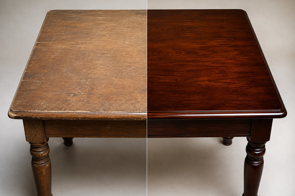 Solid wood furniture repair before and after restoration in Atlanta