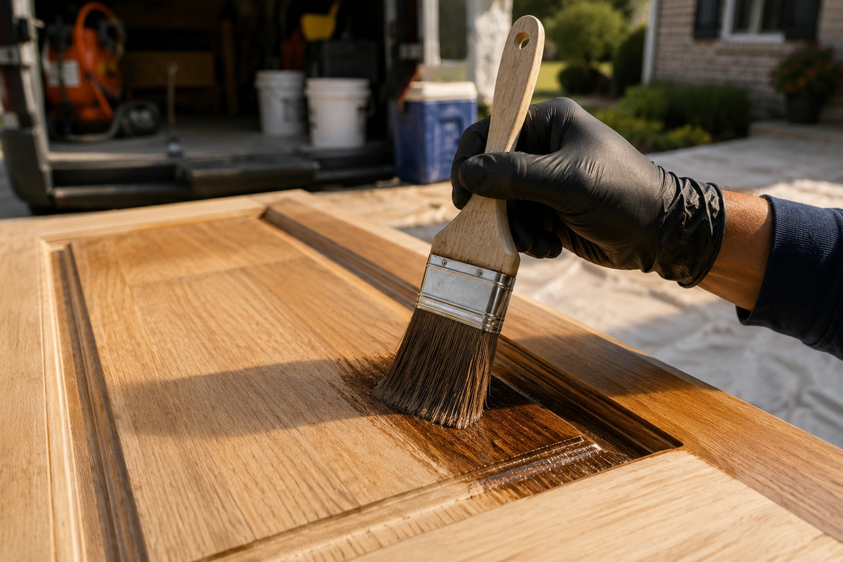 Professional wood door staining process in Snellville, GA