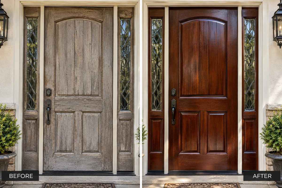 Before and after wood door refinishing results near Decatur and Avondale Estates GA